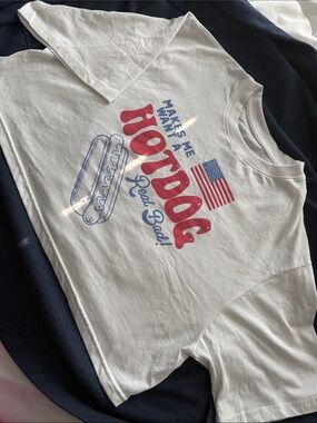 White 'Hot Dog' Graphic cropped Tee with Red & Blue Print Legally Blonde Quote